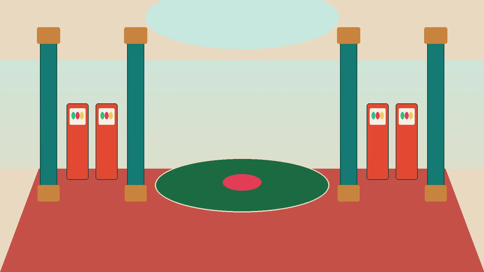 Cartoon palace hall with roulette tables, card tables, and pokie reels between teal marble columns